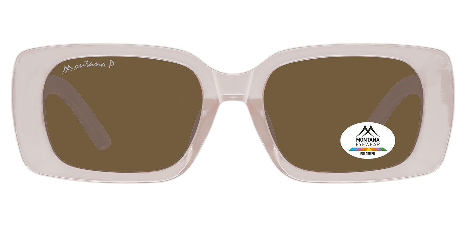 Rechteckige Sonnenbrille mit braunen Gläsern und hellem Rahmen. Logo Montana Eyewear auf dem Glas und Bügel.