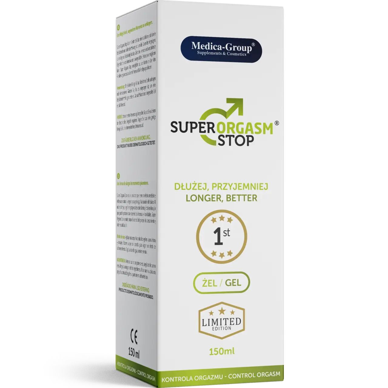 Weißer Karton mit Aufschrift: Super Orgasm Stop, Medica-Group. Limited Edition. 150ml. CE-Zeichen.