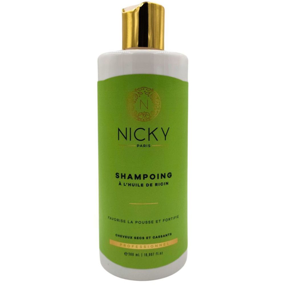 Grüne Shampoo-Flasche mit goldfarbenem Verschluss. Aufschrift: Nicky Paris, SHAMPOING, À L'HUILE DE RICIN.