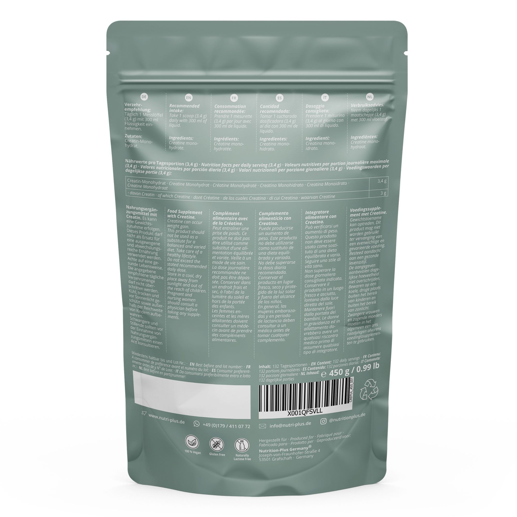 Retro di un sacchetto di nutri+ Creatina Monoidrato in polvere. Sacchetto verde chiaro con testo. 450 g / 0,99 lb.