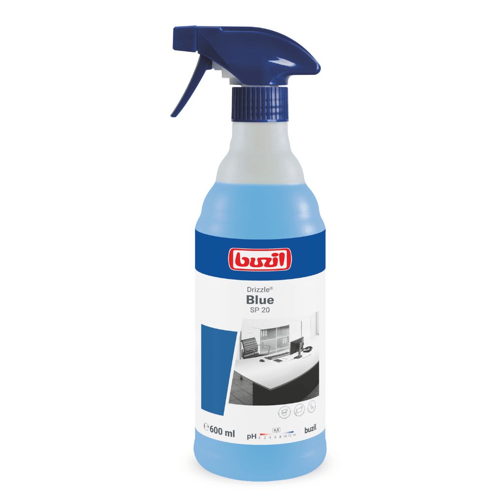 Blauer Sprühreiniger mit Sprühkopf. Aufschrift: Drizzle Blue SP 20, buzil. Flasche mit blauer Flüssigkeit.