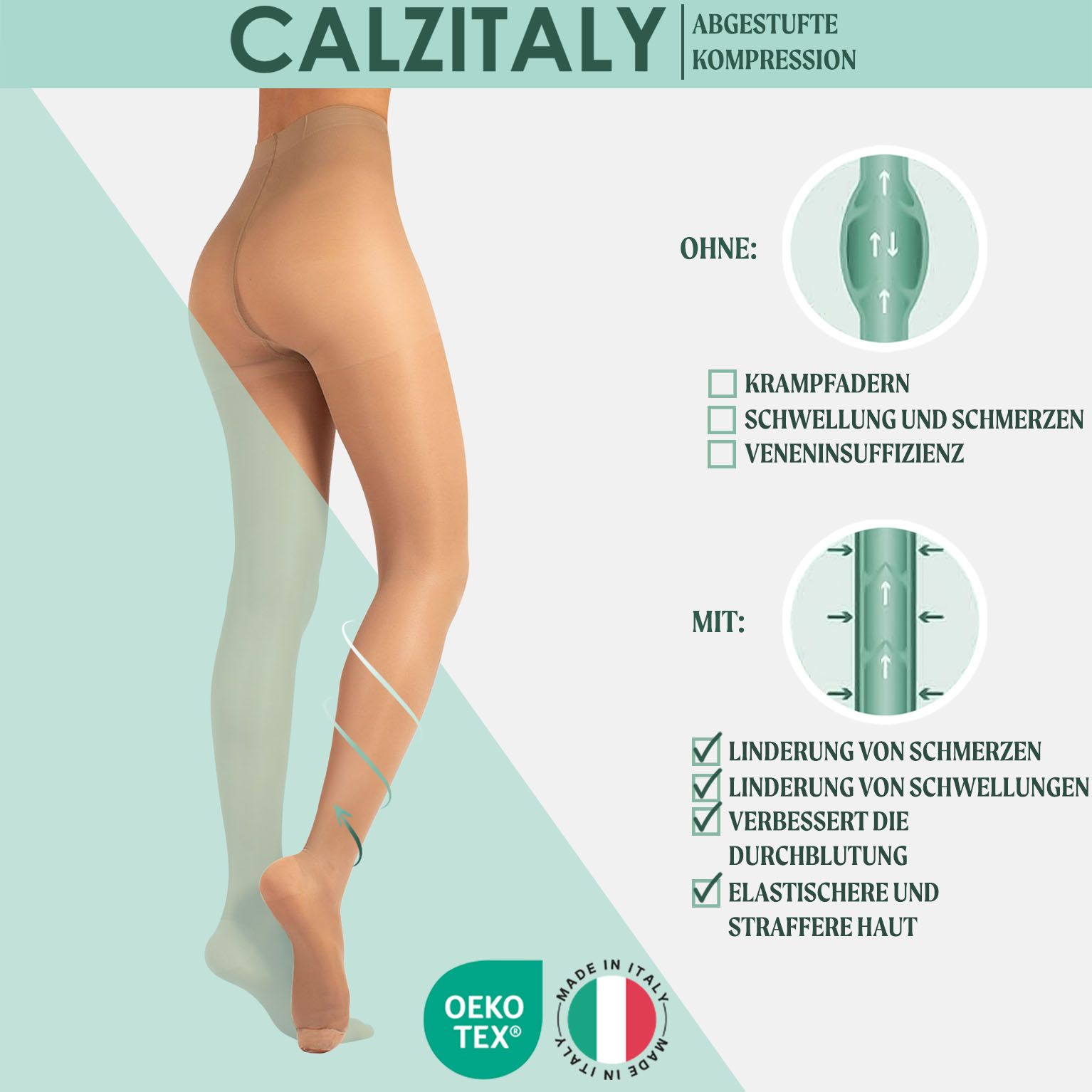 CALZITALY Kompressionsstrumpfhose. Vergleich: Ohne und mit Kompression. OEKO-TEX-Zertifizierung. Made in Italy.