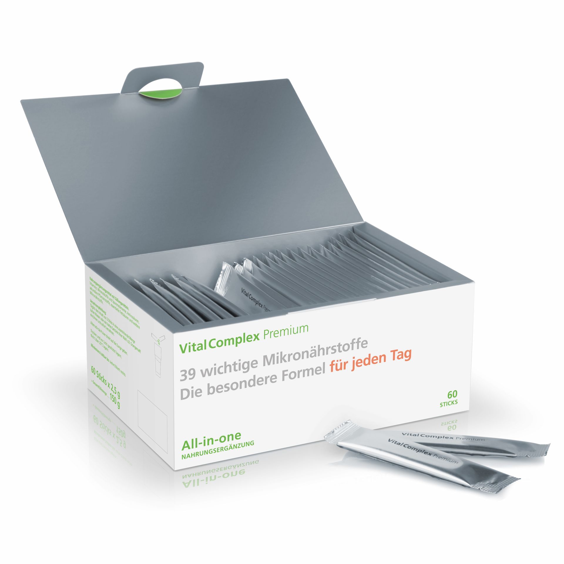 Geöffnete VitalComplex Premium Box. 60 Sticks. Text: 39 wichtige Mikronährstoffe für jeden Tag. Zwei Sticks liegen daneben.