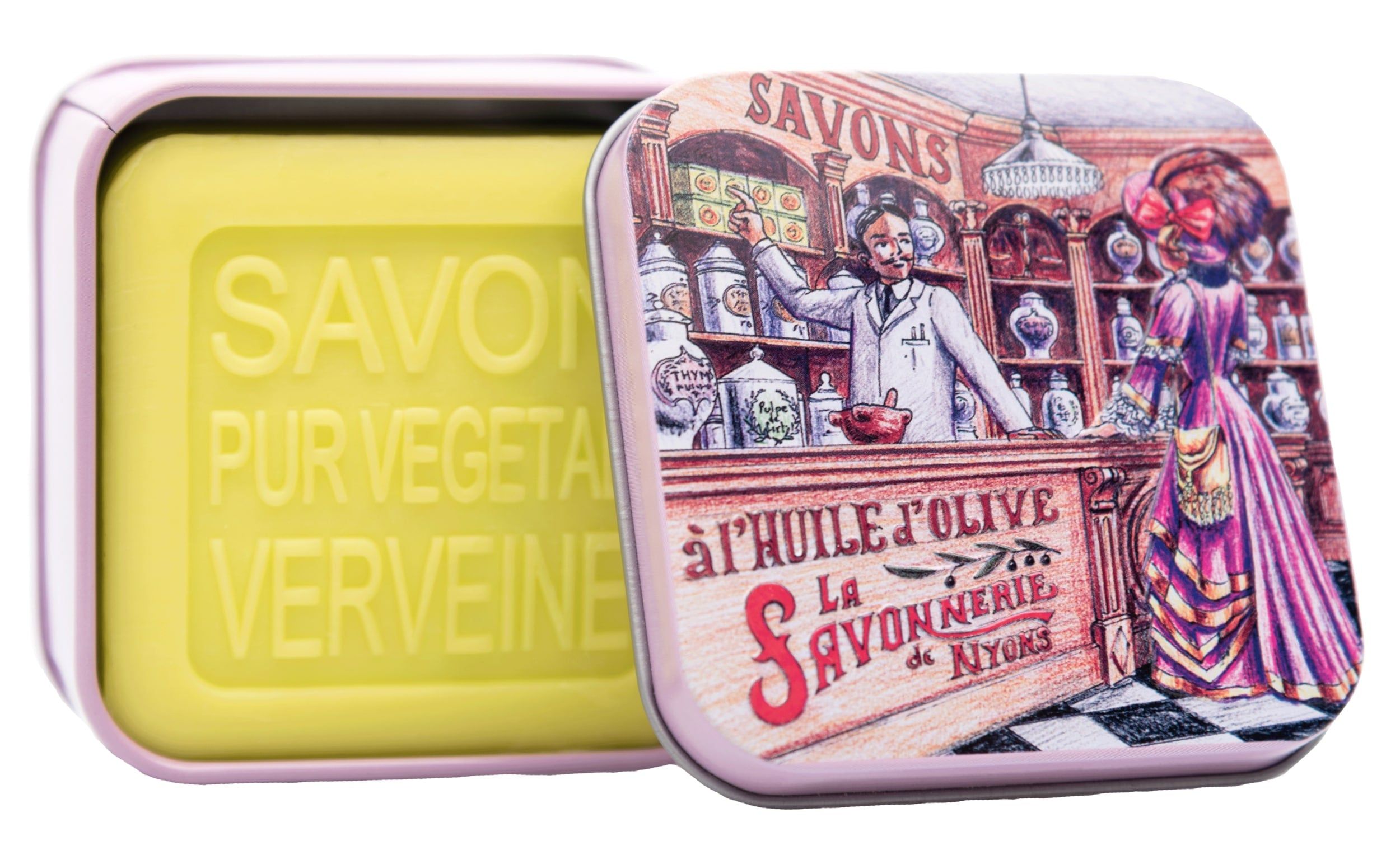 Geöffnete Metallbox mit Seife. Seife mit Schriftzug SAVON PUR VEGETAL VERVEINE. Box mit Apotheken-Illustration.