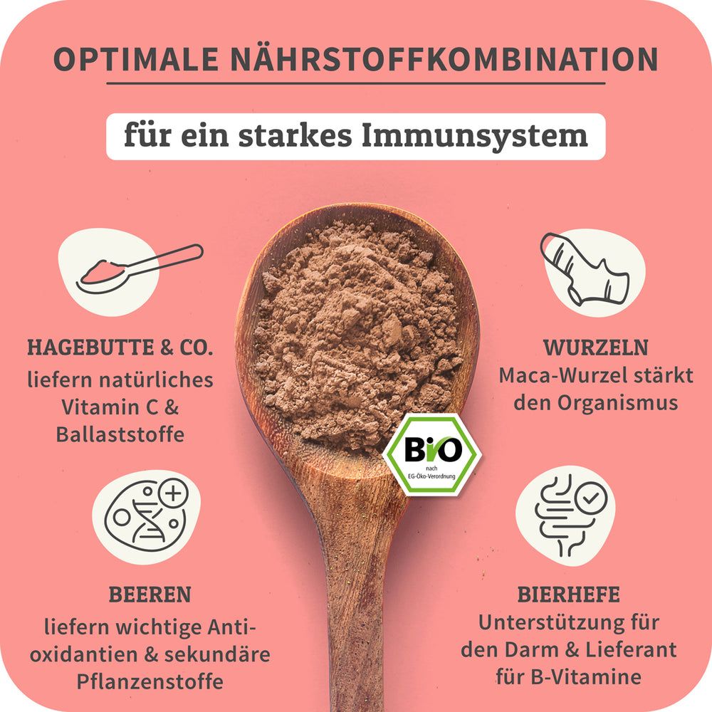Holzlöffel mit braunem Pulver. Text: Hagebutte & Co., Wurzeln, Beeren, Bierhefe. Bio-Siegel. Für starkes Immunsystem.