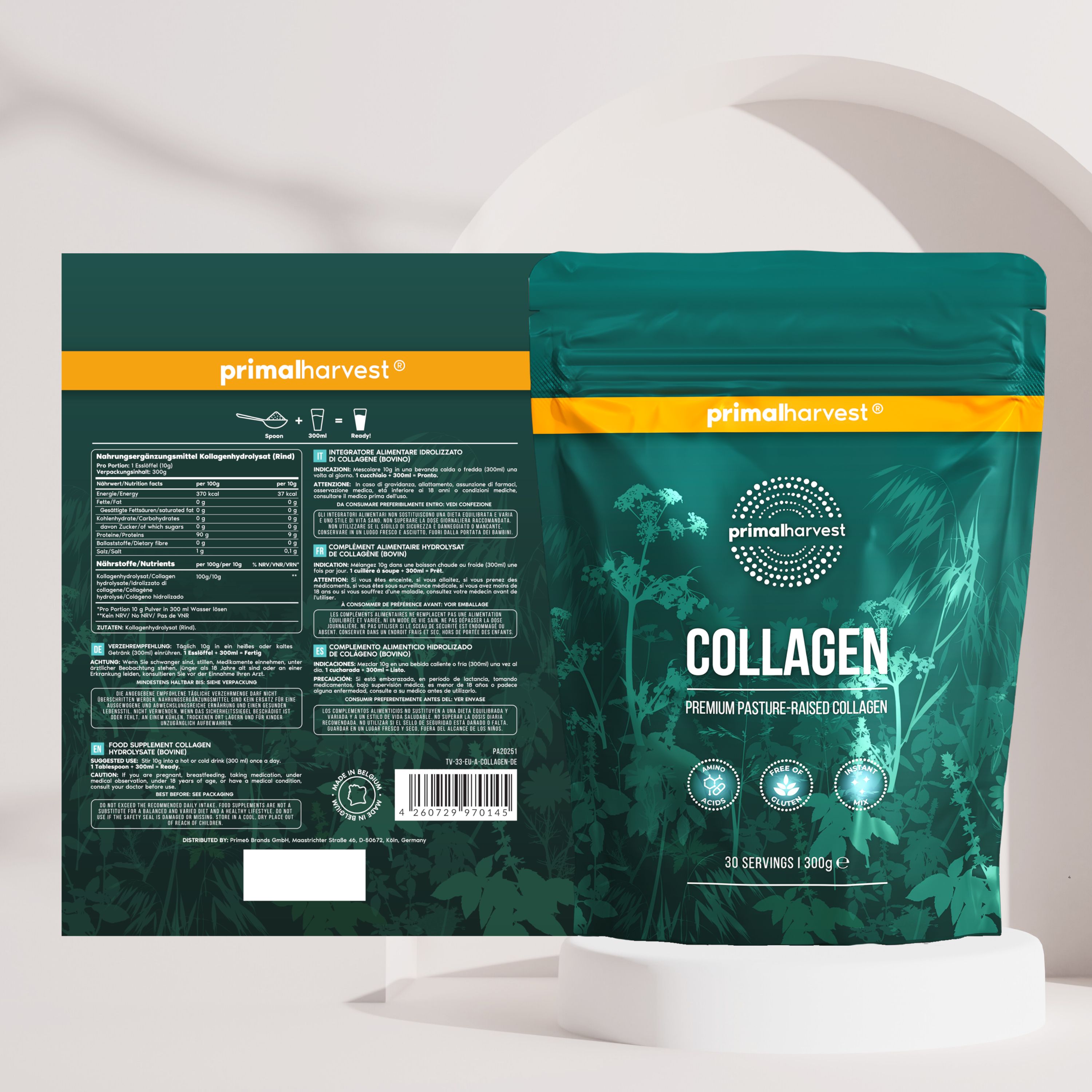 Grüne Tüte Collagen Pulver von Primal Harvest® auf Podest. Rückseite mit Nährwertangaben.