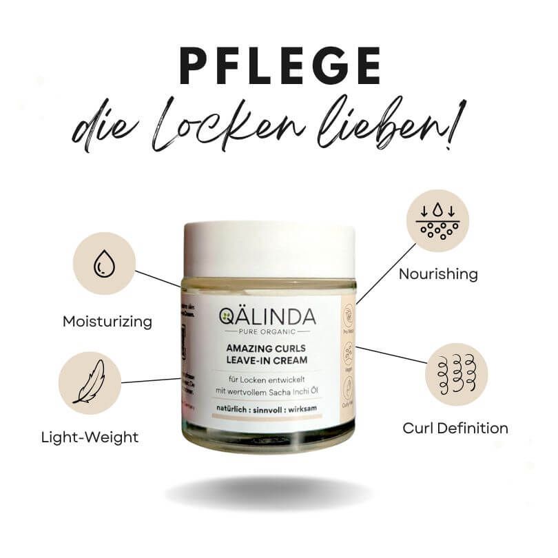 QAELINDA Amazing Curls Leave-In Cream Tiegel. Beige Tiegel mit weißem Deckel. Text auf Etikett. Illustrationen: Feuchtigkeit, leicht, nährend, Lockendefinition.