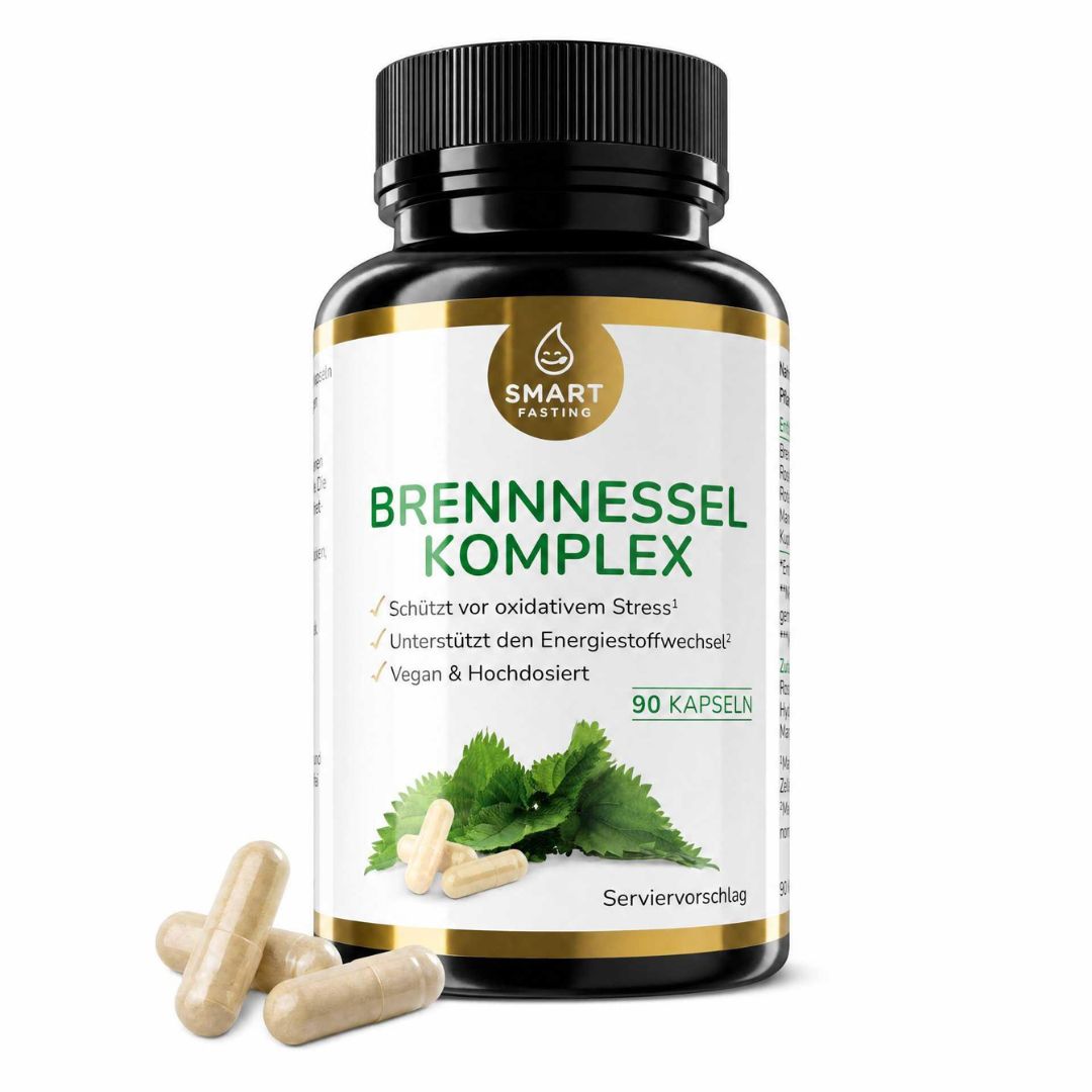 Flasche mit 90 Kapseln Brennnessel Komplex, vegan und hochdosiert.