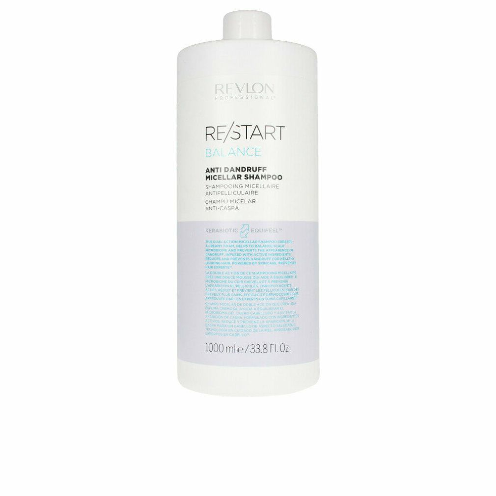 Weiße Flasche Revlon Re-Start Balance Anti-Schuppen Mizellen Shampoo. Text: RE/START BALANCE, Anti-Schuppen Mizellen Shampoo, 1000 ml/33.8 Fl. Oz.