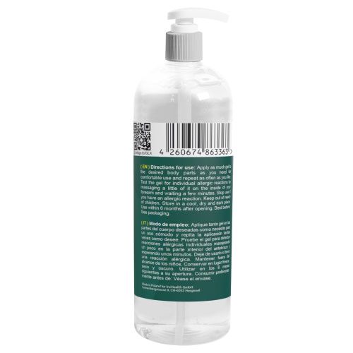 Transparente Flasche mit Dosierpumpe. Rückseite mit Barcode und Text in mehreren Sprachen.