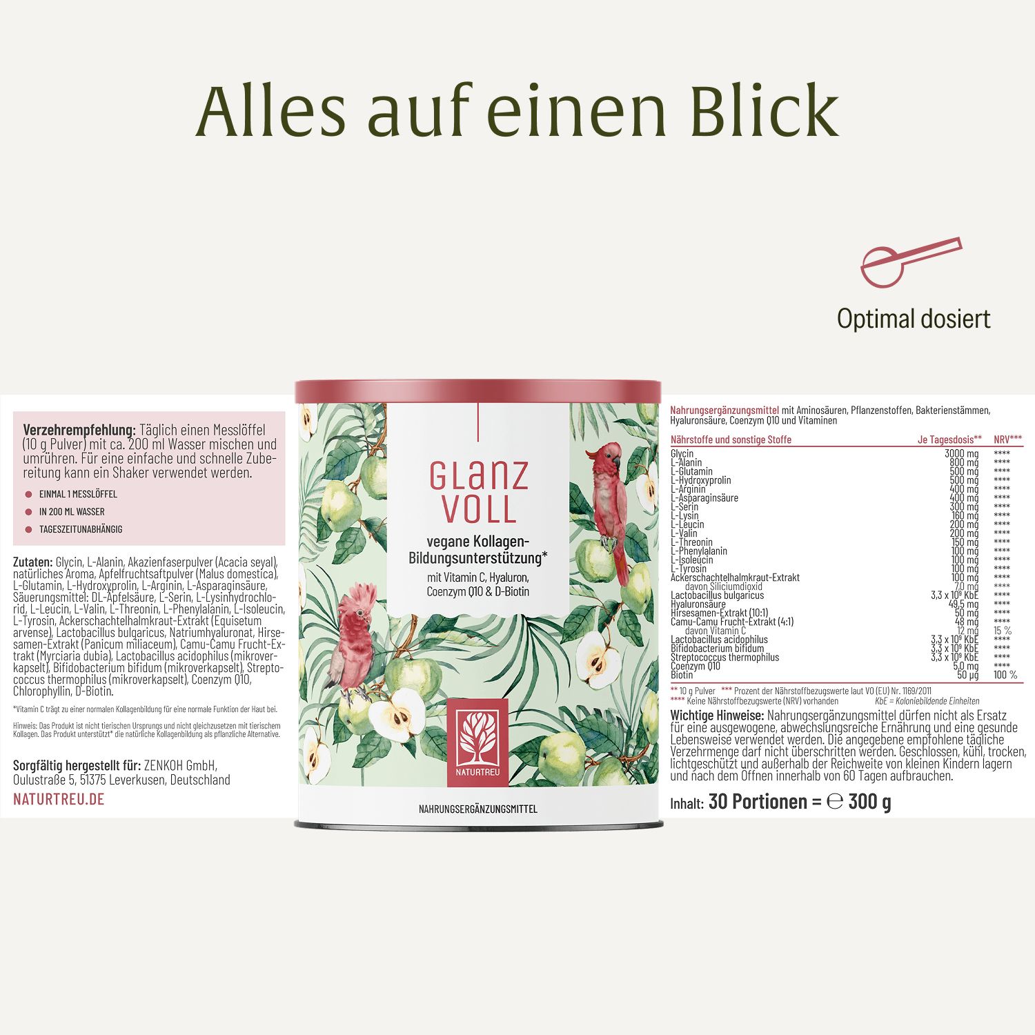 Glanz Voll veganes Kollagen-Pulver Dose mit 300g. Enthält Vitamin C, Hyaluron, Coenzym Q10 & Bio-Biotin.