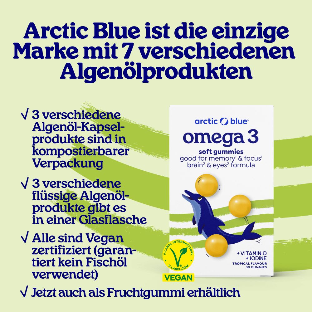Text mit Vorteilen von Arctic Blue. Enthält: 3 Kapseltypen, 3 flüssige Öle, vegan, und jetzt auch als Gummies.