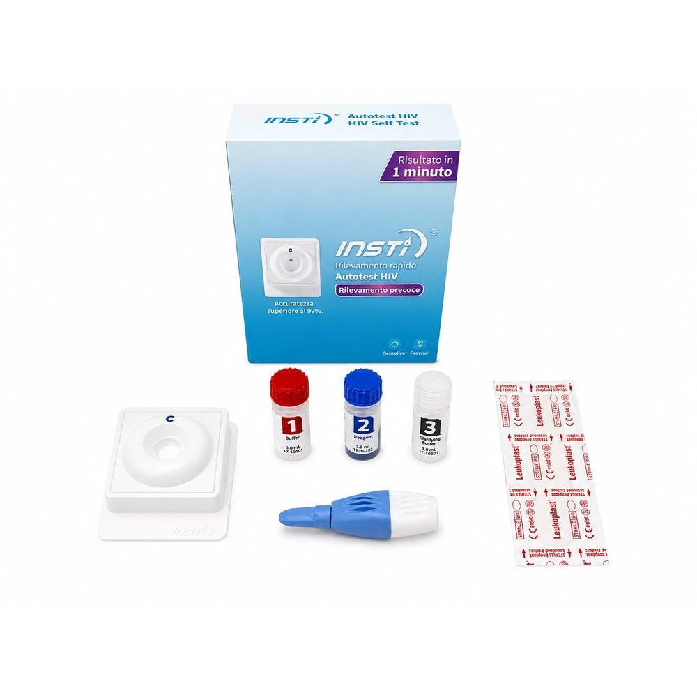 INSTI Autotest HIV-Kit: Verpackung, Membran-Einheit, 3 Reagenzgläser, Lanzette und Tupfer.
