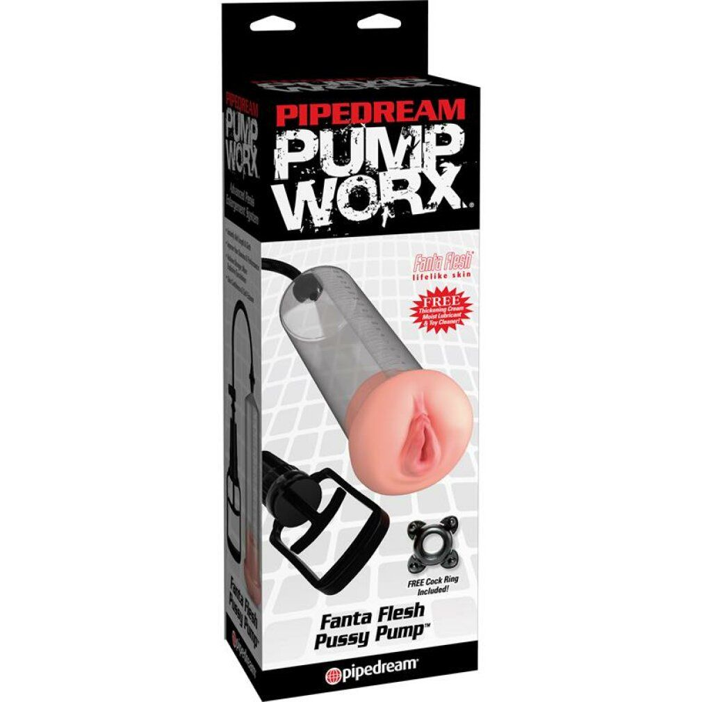 Produktverpackung. Schwarzer Karton mit Produktabbildung. Text: PUMP WORX, Fanta Flesh Pussy Pump. Marke: Pipedream.