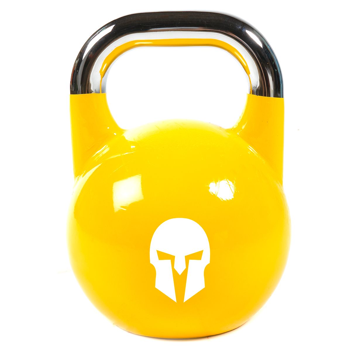 Gelbe Kettlebell aus Gusseisen mit silbernem Griff und weißem Logo. Fitnessgerät für Krafttraining.