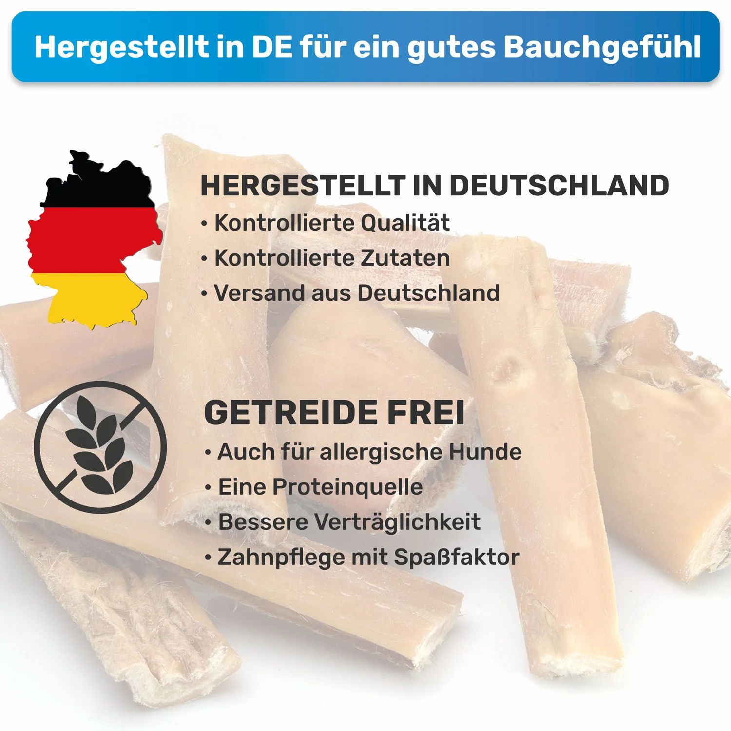 Getrocknete Rinderkopfhaut-Kauplatten. Text: Hergestellt in Deutschland, kontrollierte Qualität, getreidefrei, Zahnplege. Mit Deutschlandflagge.