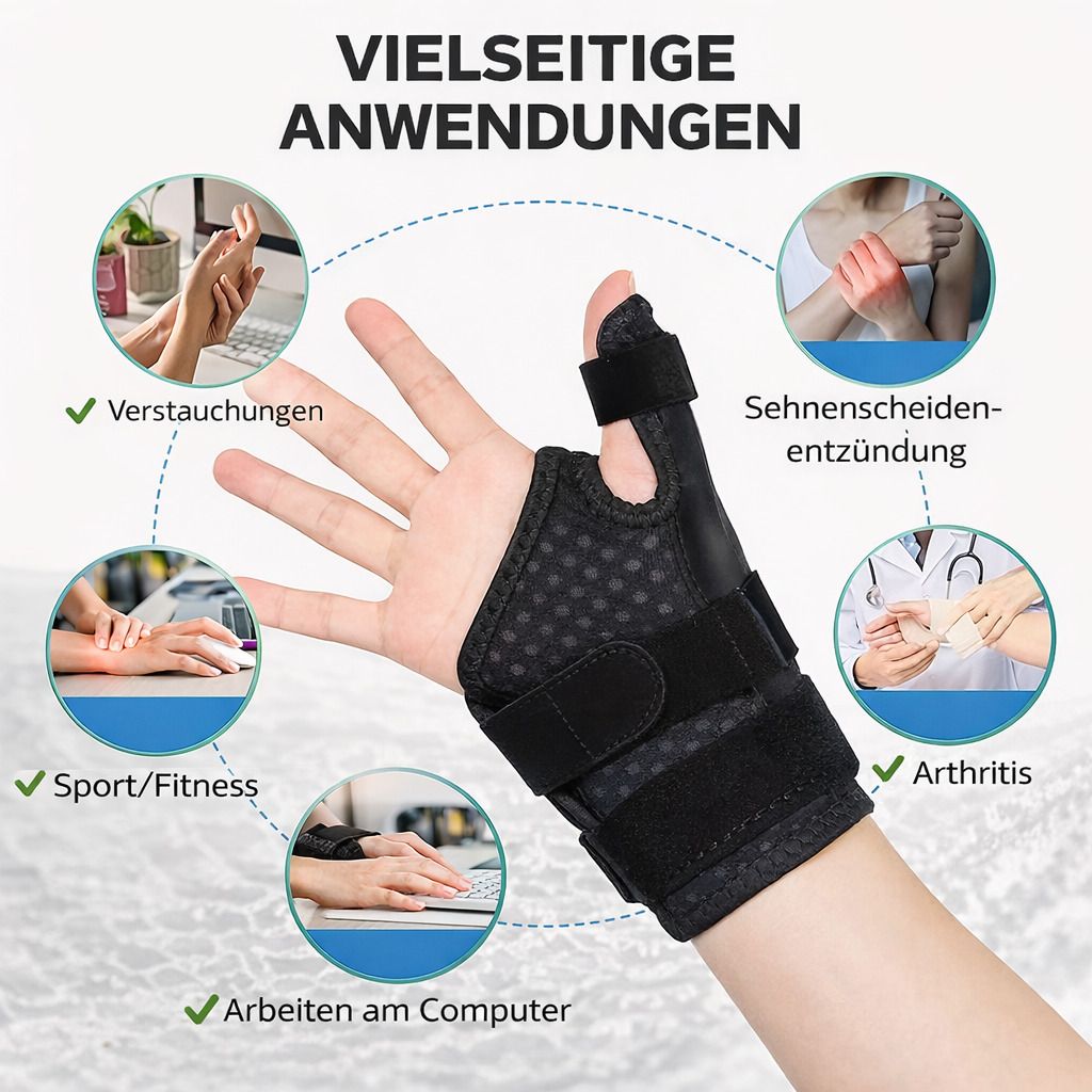 Daumenbandage am Handgelenk, gezeigt in verschiedenen Anwendungen: Verstauchungen, Sport, Arthritis, Computerarbeit.
