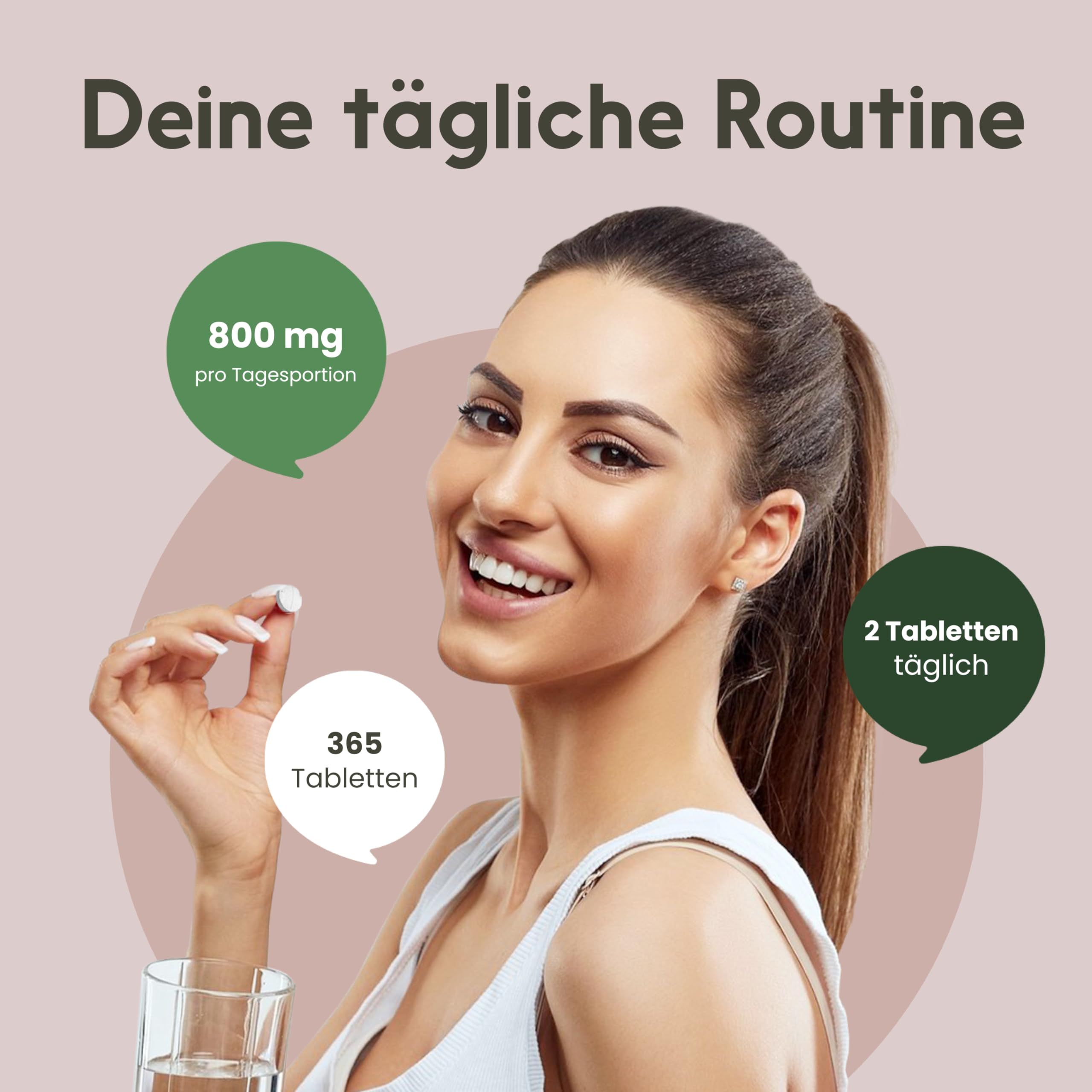 Frau hält Tablette. Sprechblasen: "800 mg pro Tagesportion", "365 Tabletten", "2 Tabletten täglich".