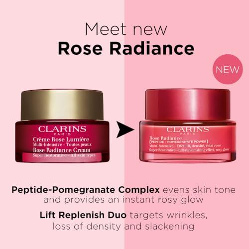 Zwei Creme-Dosen. Aufschrift: CLARINS PARIS, Rose Radiance. Eine Dose mit der Aufschrift Crème Rose Lumière.