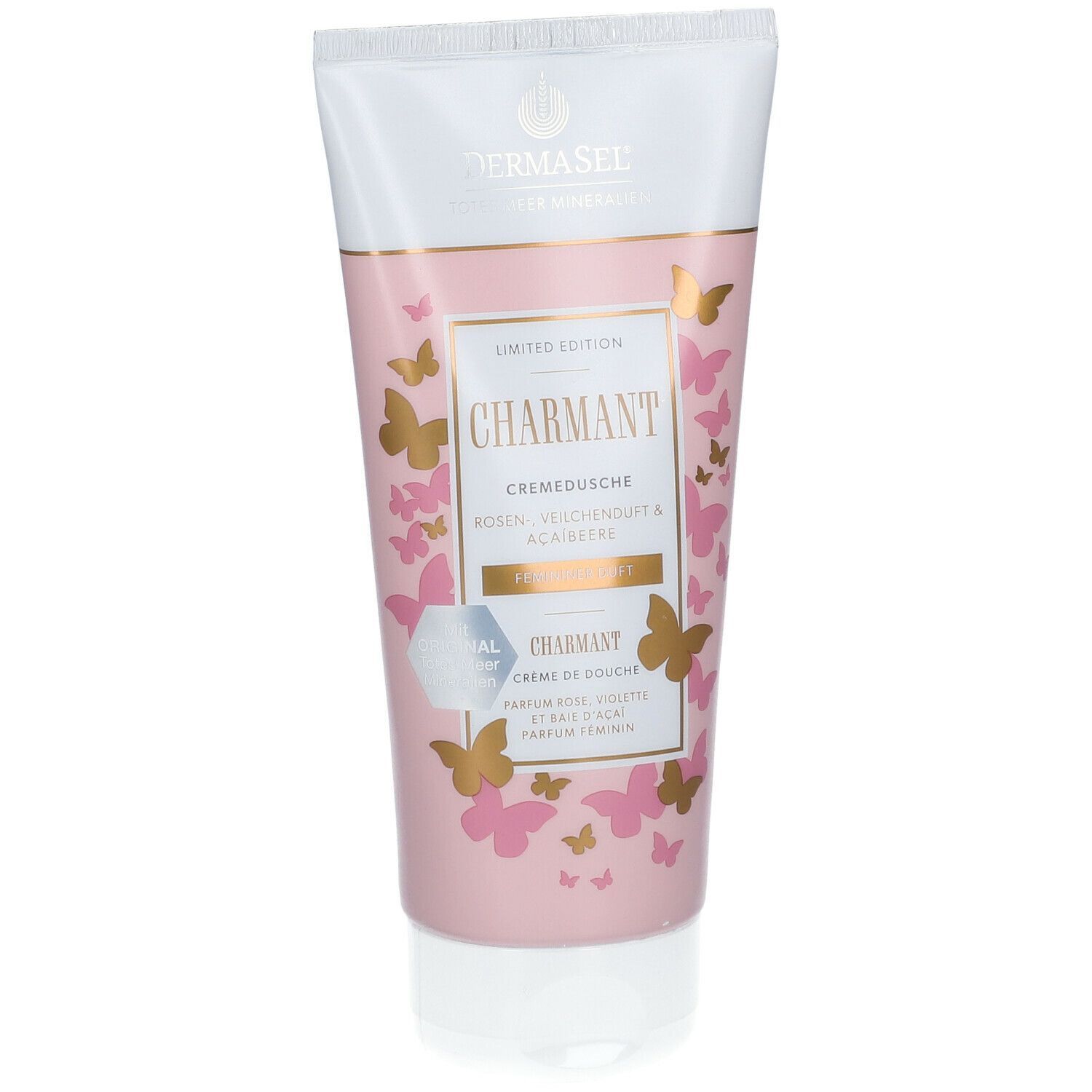 Tube mit rosa Hintergrund, goldfarbenen Schmetterlingen und Schriftzug CHARMANT. Creme-Dusche, Limited Edition.
