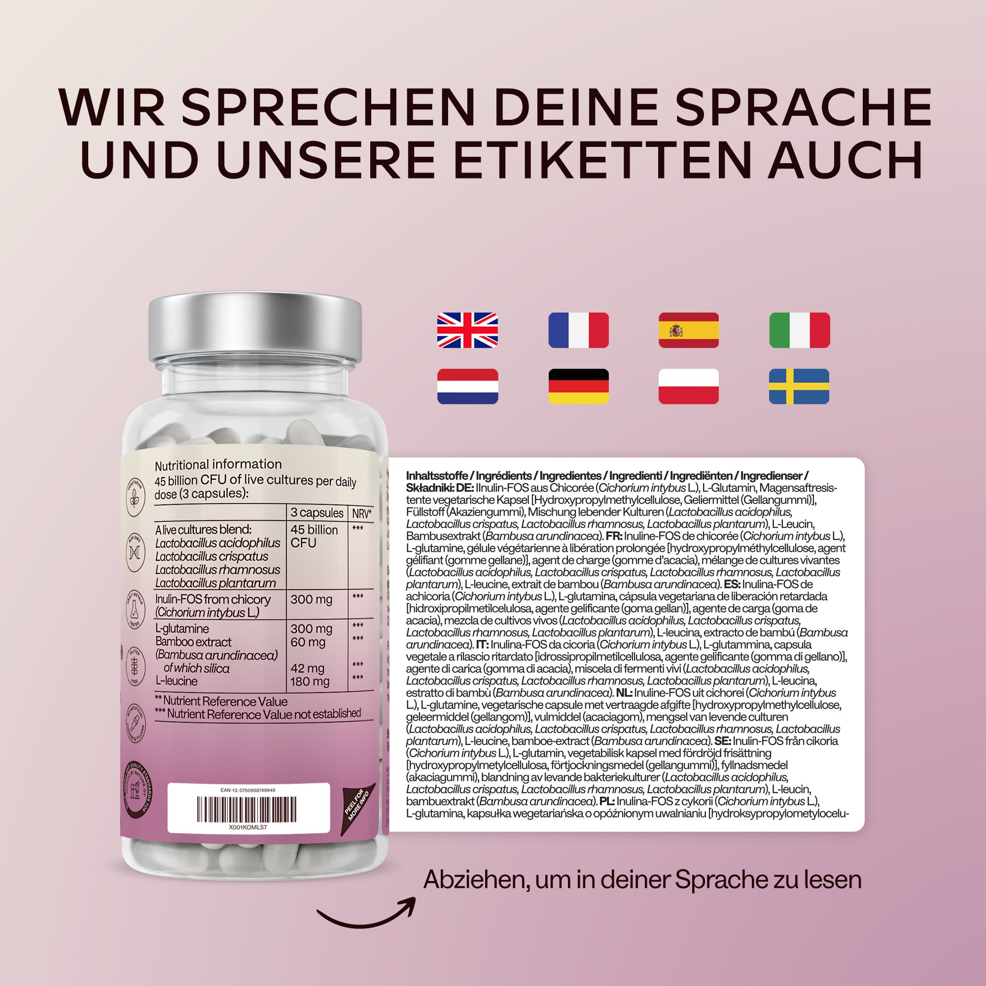 Flasche mit Kapseln und Text. Informationen in verschiedenen Sprachen. Inhaltsstoffe.