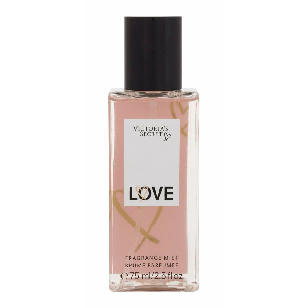 Rosa Flasche mit schwarzem Deckel. Aufschrift: Victoria's Secret, LOVE, Fragrance Mist. Goldene Herz-Grafik.
