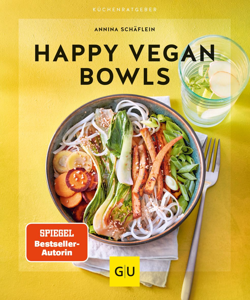 Buchcover mit Titel "Happy Vegan Bowls". Gezeigt wird eine Schüssel mit Essen, daneben ein Glas Wasser und eine Gabel.