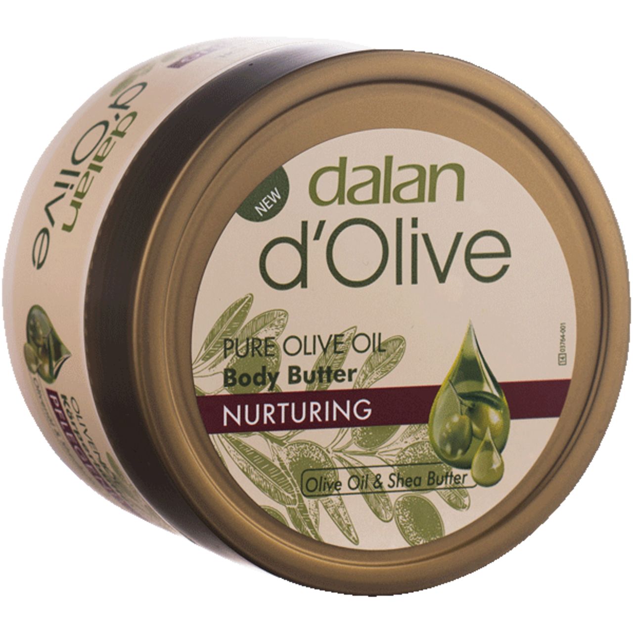 Runde Dose Dalan d'Olive Body Butter. Deckel mit Logo und Produktbezeichnung. Aufschrift: Pure Olive Oil, Nurturing. Oliven-Illustration.