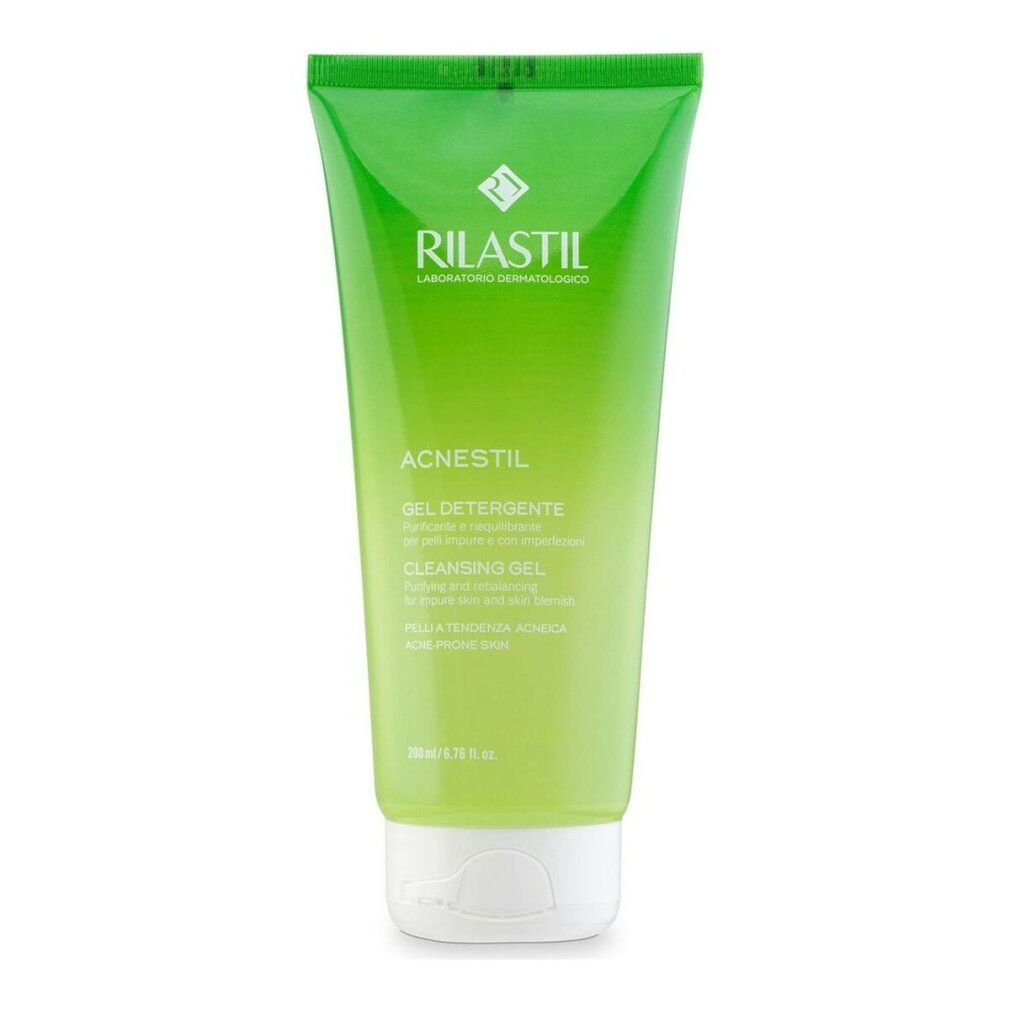 Grüne Tube RILASTIL Acnestil Reinigungsgel. Text: Gel detergente, Cleansing Gel. 200ml.