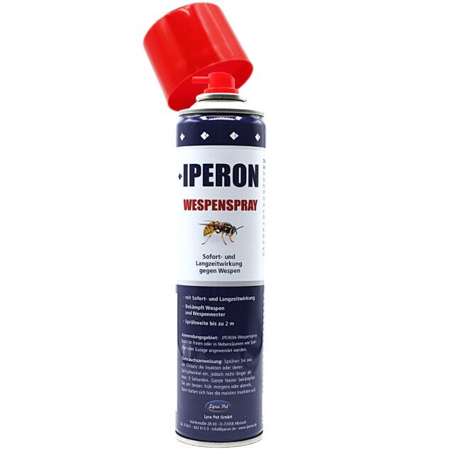 Aerosolspraydose mit roter Kappe. Aufschrift: IPERON Wespenspray. Sofort- und Langzeitwirkung gegen Wespen.