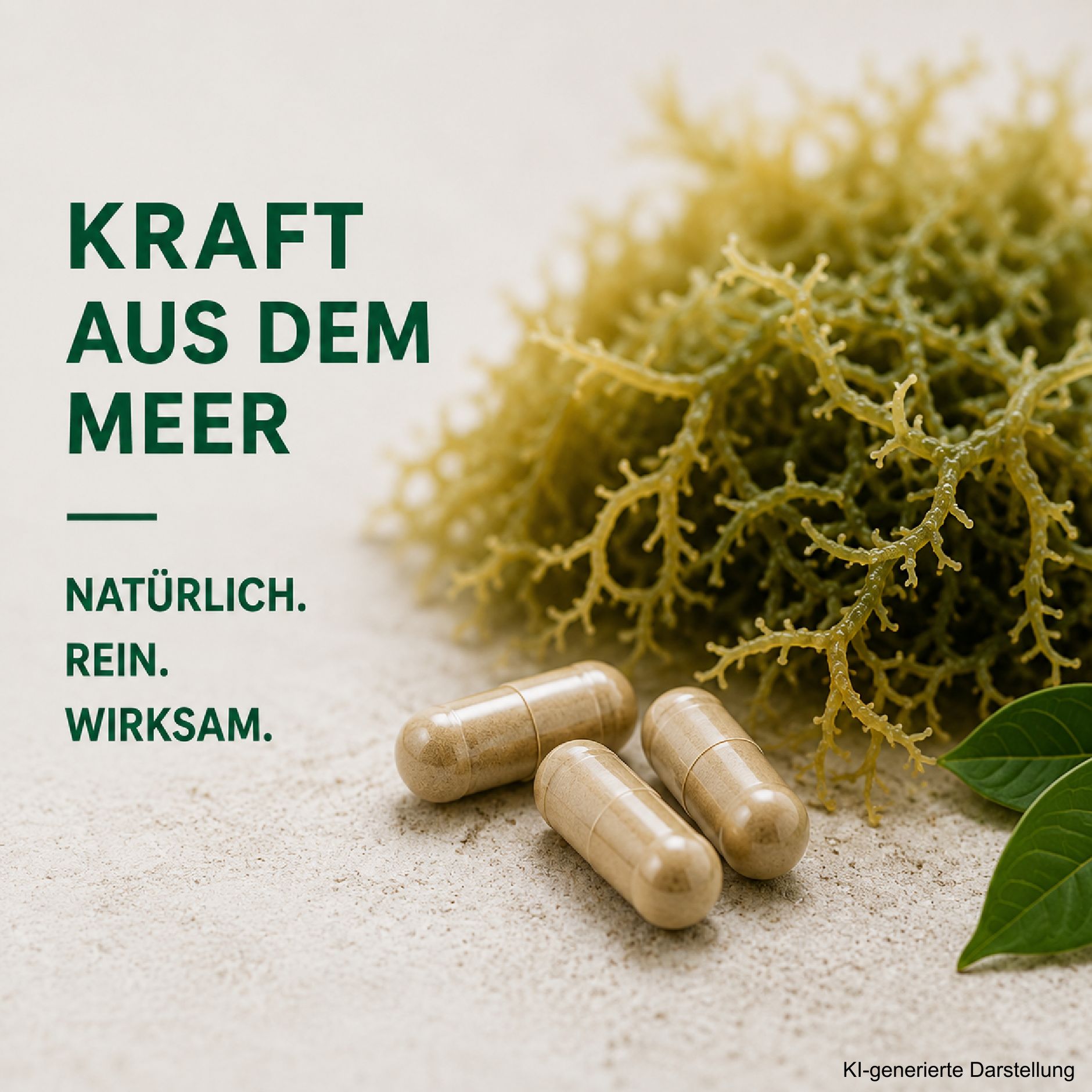 Drei Irisch Moos Kapseln liegen auf hellem Untergrund neben Seetang.