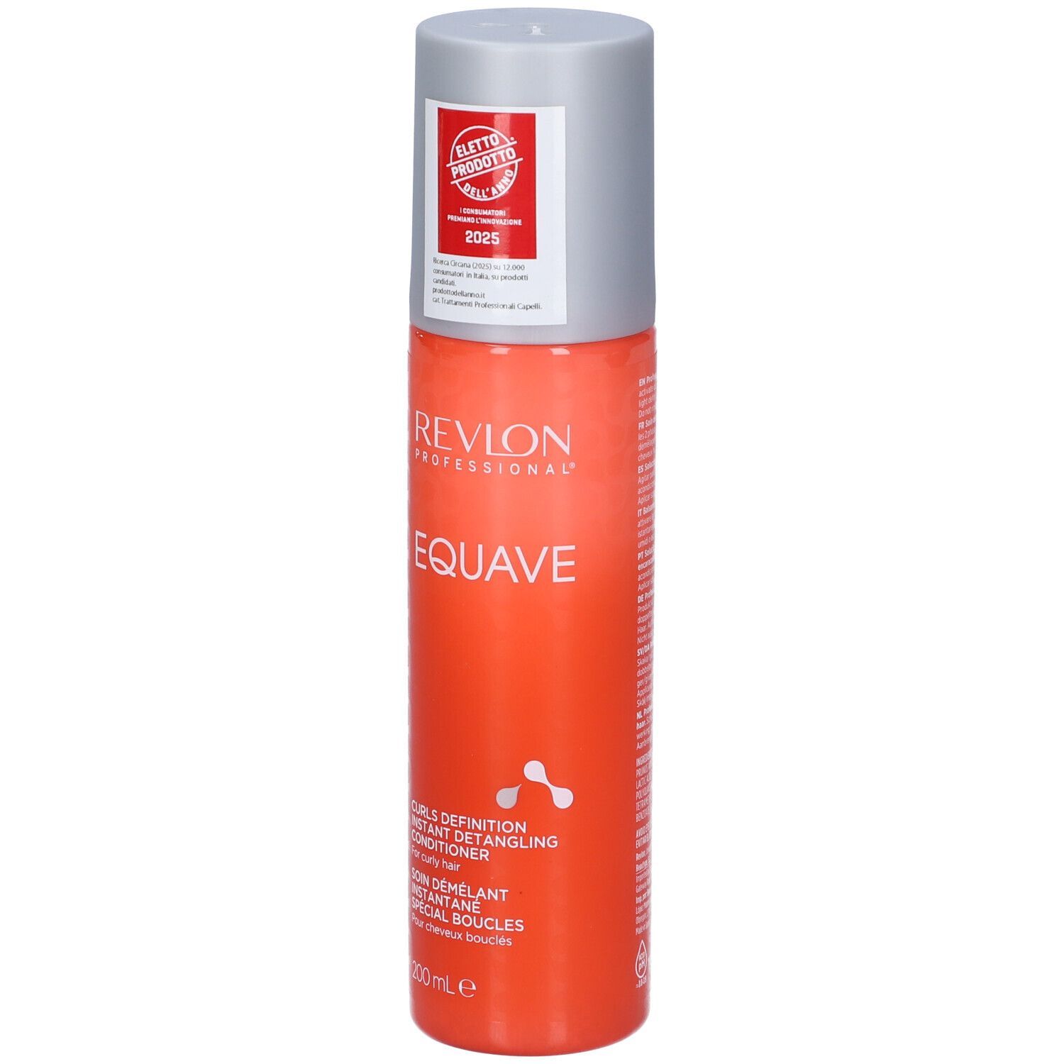 Revlon EQUAVE Curls Detangling Conditioning. Orangefarbene Flasche mit silbernem Deckel. Text und Logo.