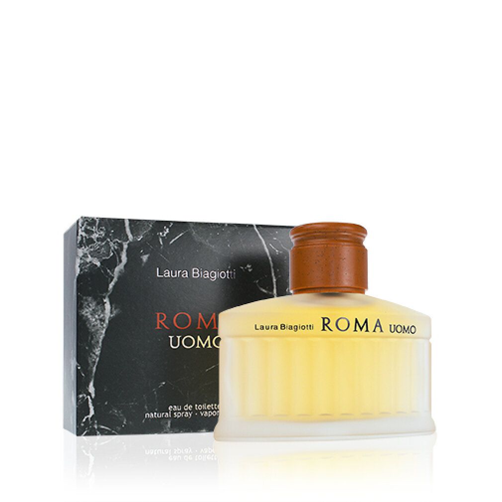 Parfümflasche mit braunem Verschluss und Karton. Aufschrift: ROMA UOMO. Flasche und Karton stehen nebeneinander.