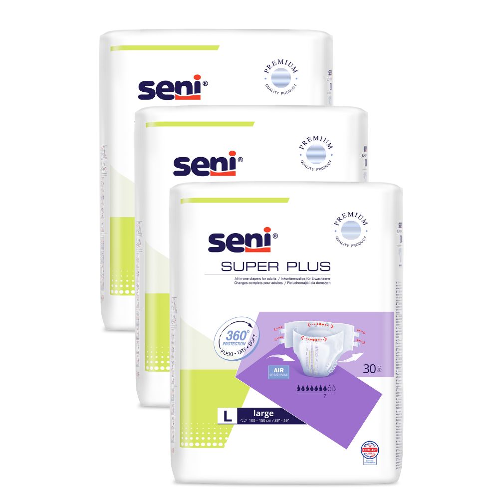 Drei Packungen Super Seni Plus. Weiße Verpackung mit Logo und Produktbezeichnung. Größe L, 30 Stück.