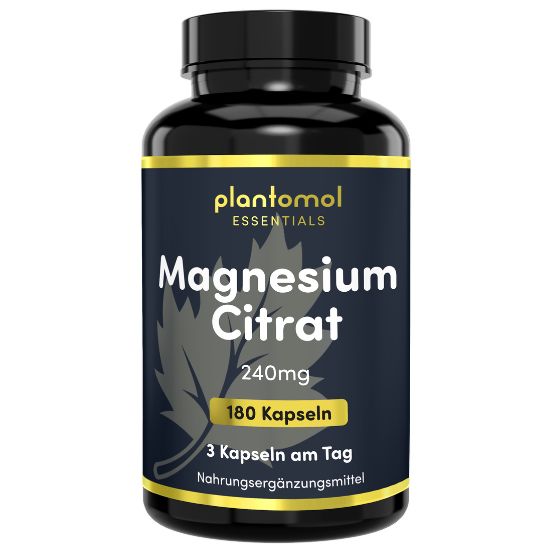 Schwarze Flasche plantomol® Essentials Magnesium Citrat. 240mg, 180 Kapseln. 3 Kapseln täglich. Nahrungsergänzungsmittel.