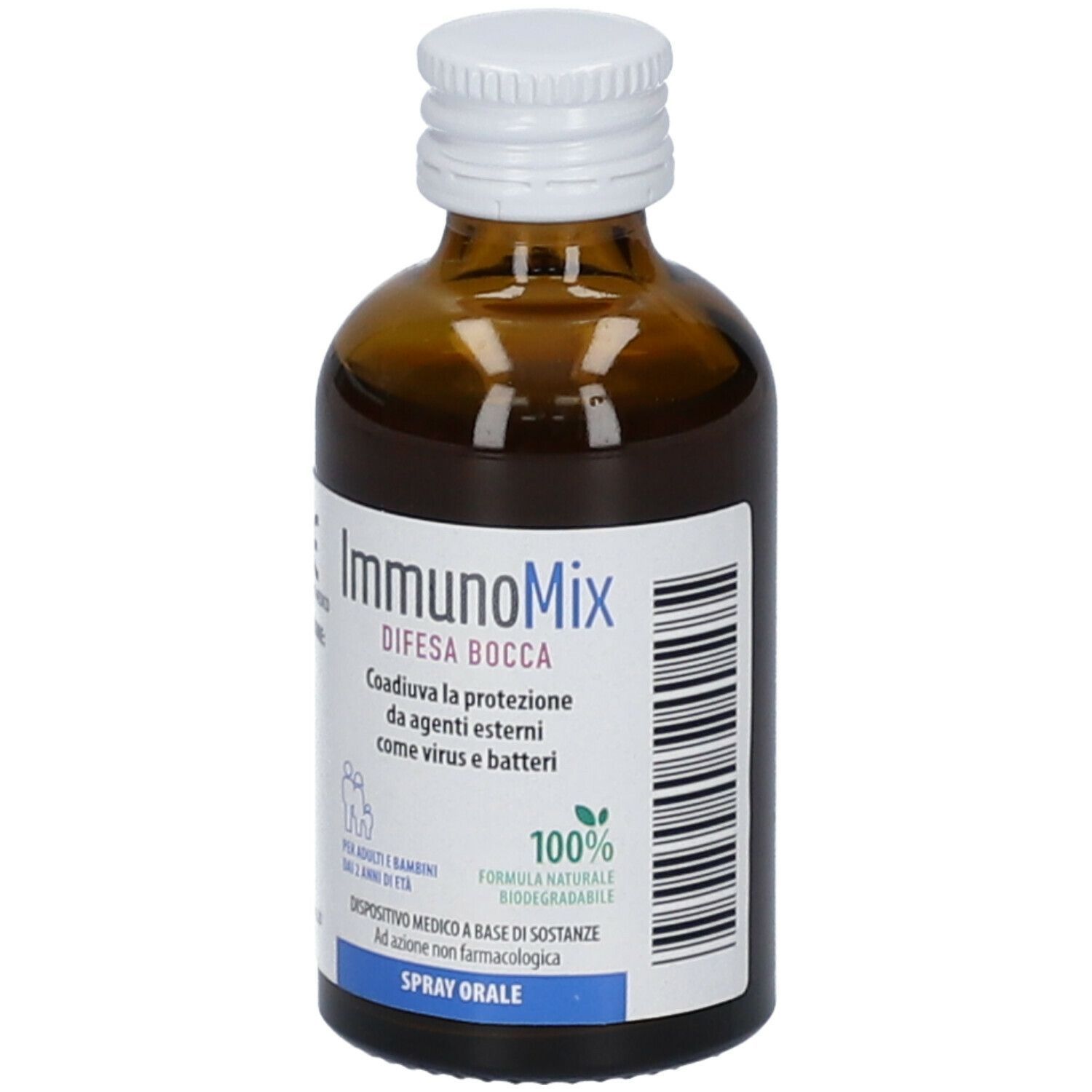 Flacone in vetro marrone di ImmunoMix Difesa Bocca. Tappo bianco. Nome e logo visibili. Testo: Spray Orale.