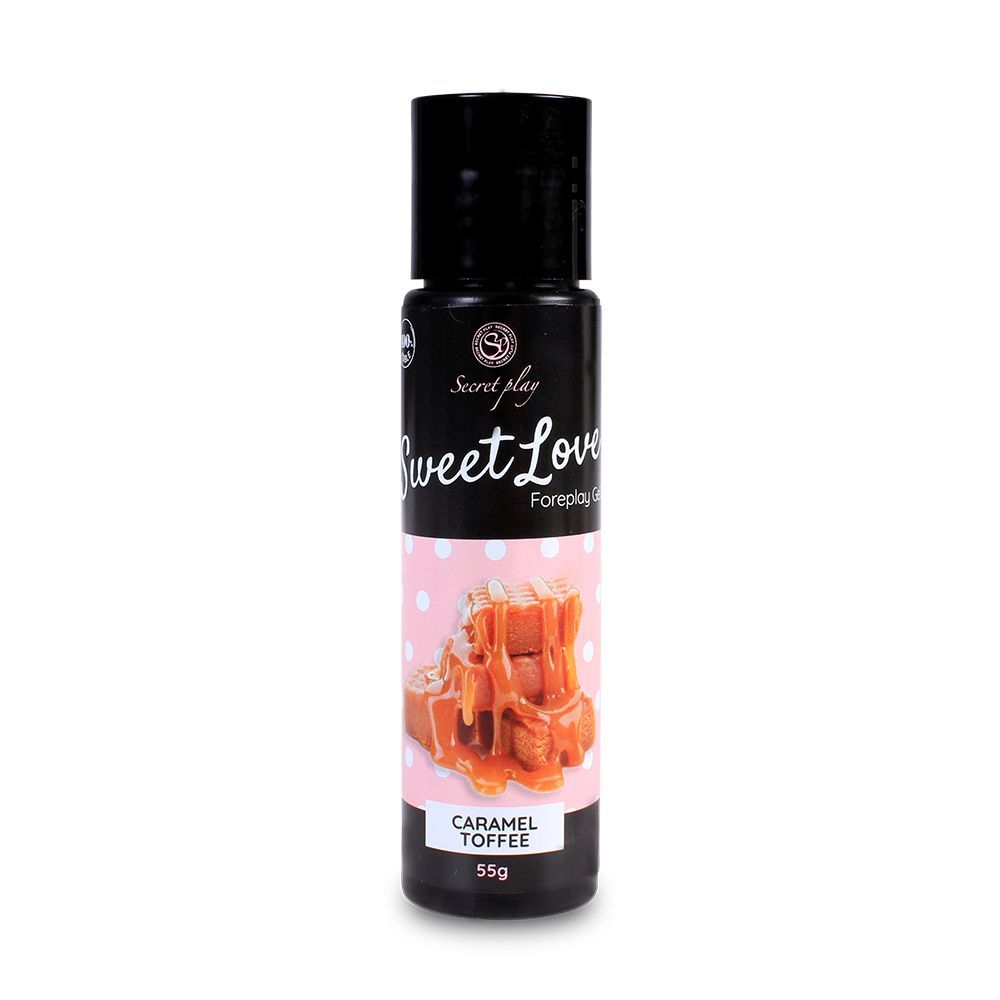 Schwarze Flasche mit Produktetikett. Aufschrift: Sweet Love Foreplay Gel. Abbildung von Karamell-Toffee. 55g.