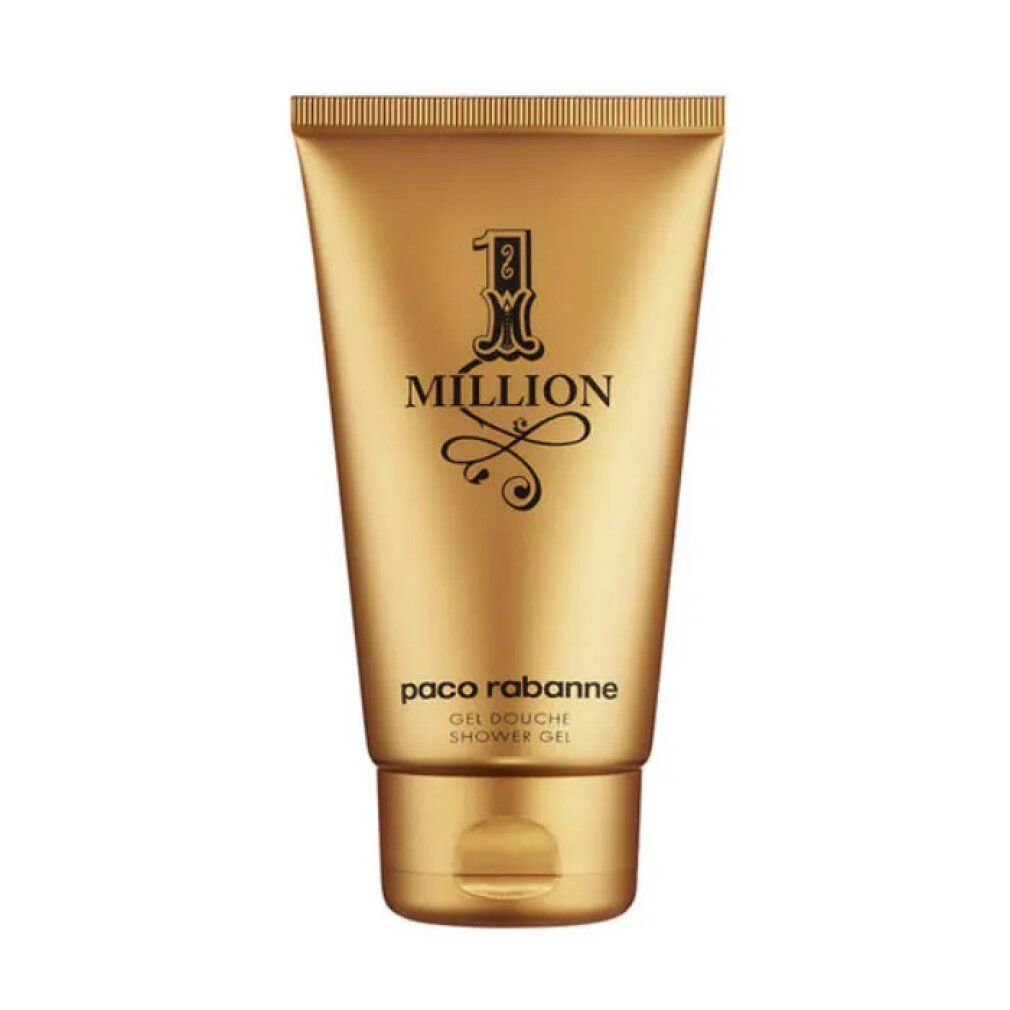 Goldfarbene Tube mit schwarzem "1 Million" Logo und Schriftzug "paco rabanne Gel Douche Shower Gel".