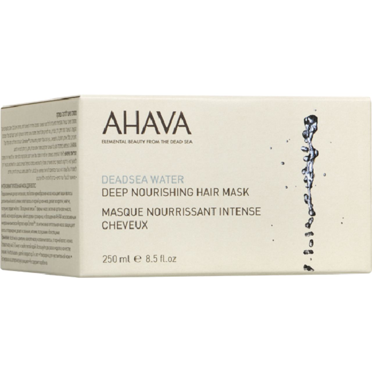 Produktverpackung. Aufschrift: AHAVA DEADSEA WATER Deep Nourishing Hair Mask. 250 ml. Wasser-Illustration.
