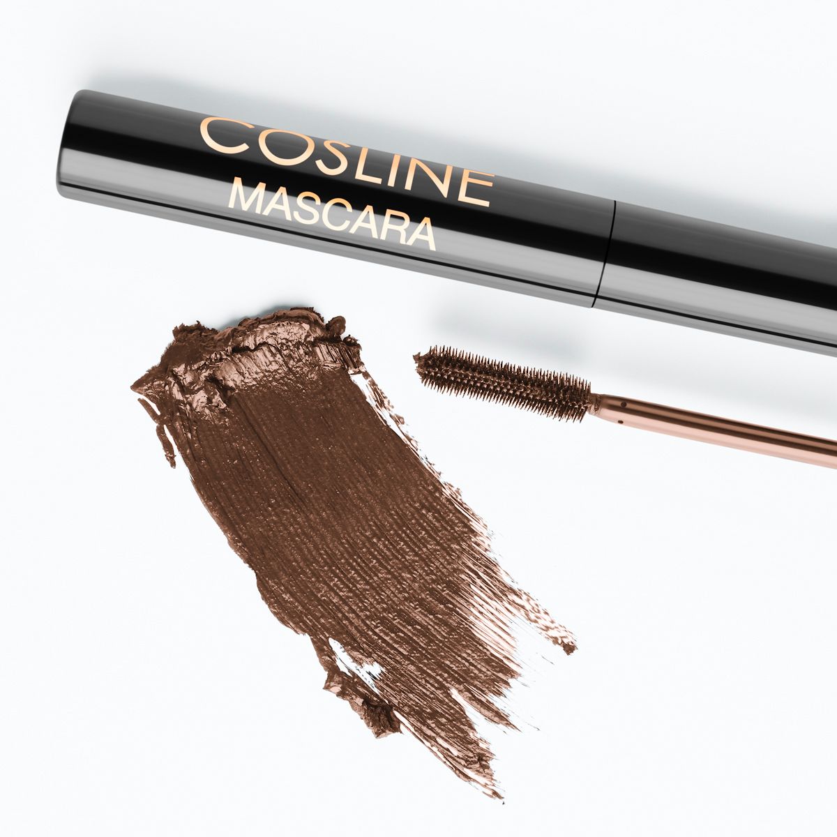Mascarabürste und Farbabstrich. Aufschrift: Cosline Mascara.