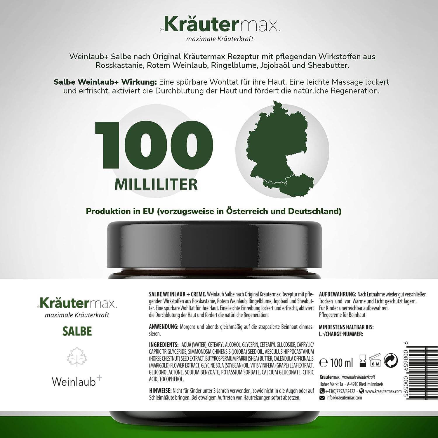 Braunes Glas mit Kräutermax Salbe Weinlaub plus Creme. Aufschrift: 100 Milliliter. Produktion in EU (vorzugsweise in Österreich und Deutschland).