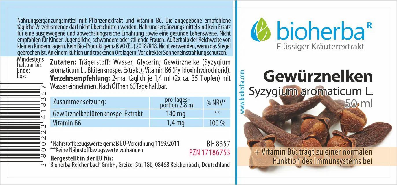 Etikett mit Produktname, Gewürznelken-Abbildung und Text. Enthält Informationen zu Inhaltsstoffen und Nährwerten.