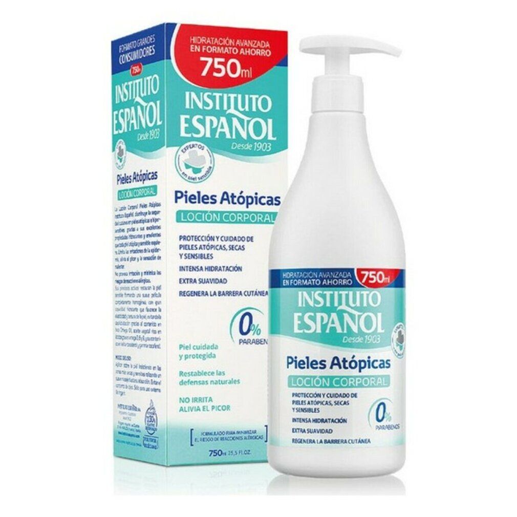 Weiße Flasche mit Spender und Karton. Aufschrift: Instituto Español, Pieles Atópicas, Loción Corporal. 750ml.