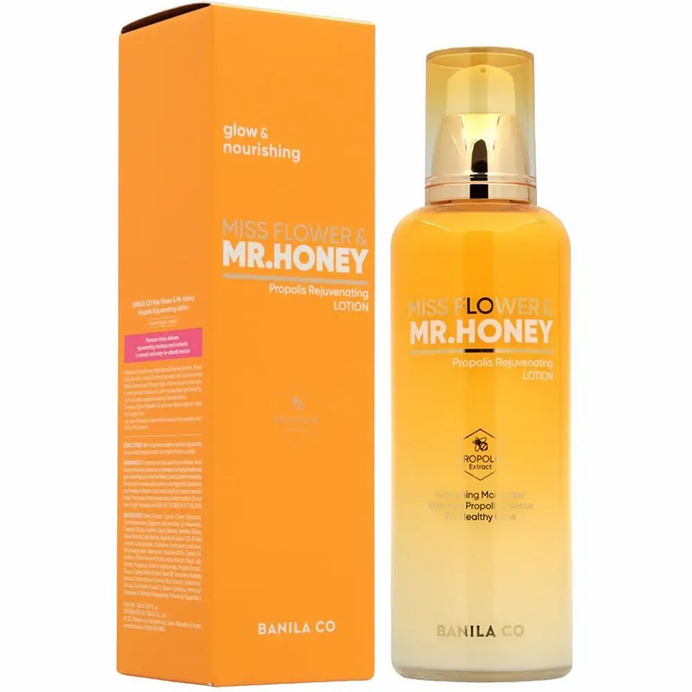 Gelb-weiße Lotionflasche mit goldfarbenem Pumpkopf und orangefarbener Verpackung. Aufschrift: Miss Flower & Mr. Honey, Propolis Rejuvenating Lotion. Marke: BANILA CO.