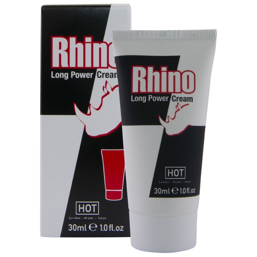 Rhin Long Power Cream Tube und Kartonverpackung mit Nashorn-Logo und 30ml Inhalt.