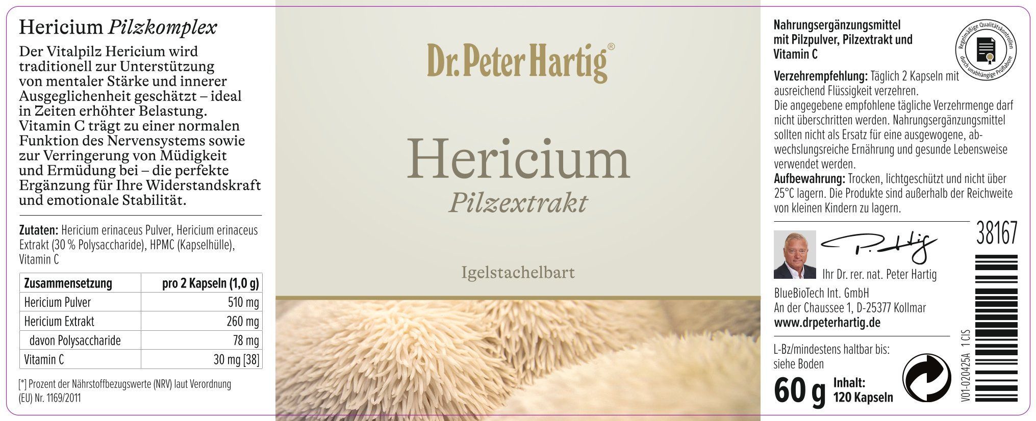 Produktetikett mit Text: Hericium Pilzkomplex, Inhaltsstoffe, Dosierung, Herstellerinformationen.