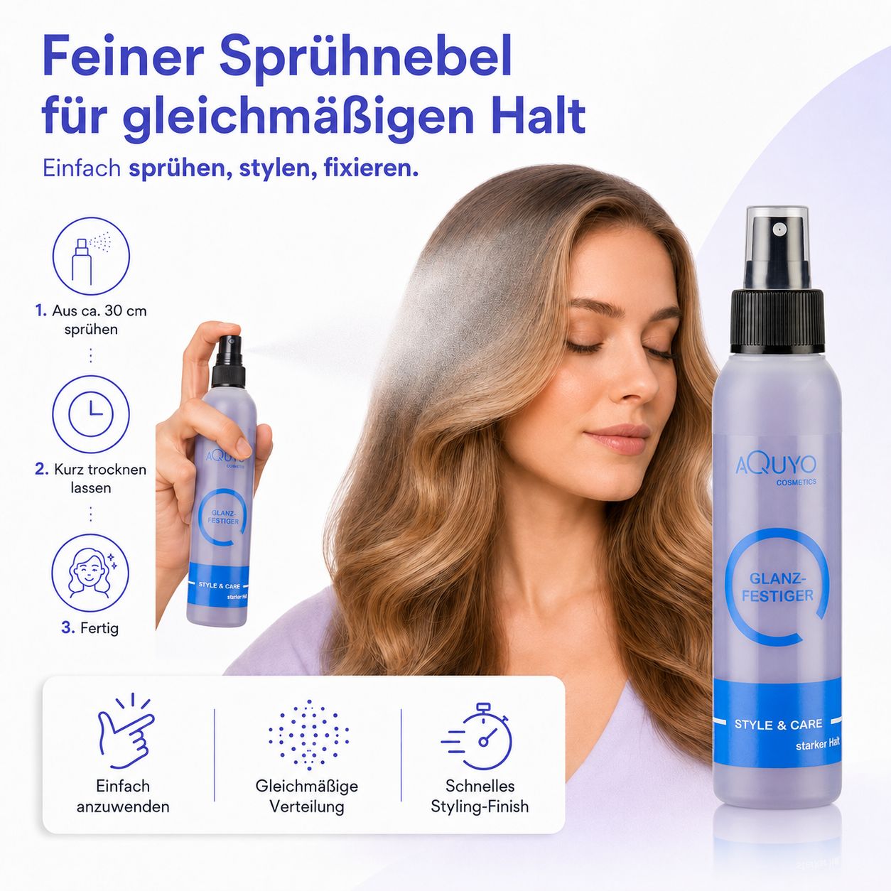 Frau sprüht sich Haarfestiger ins Haar. "Feiner Sprühnebel für gleichmäßigen Halt".