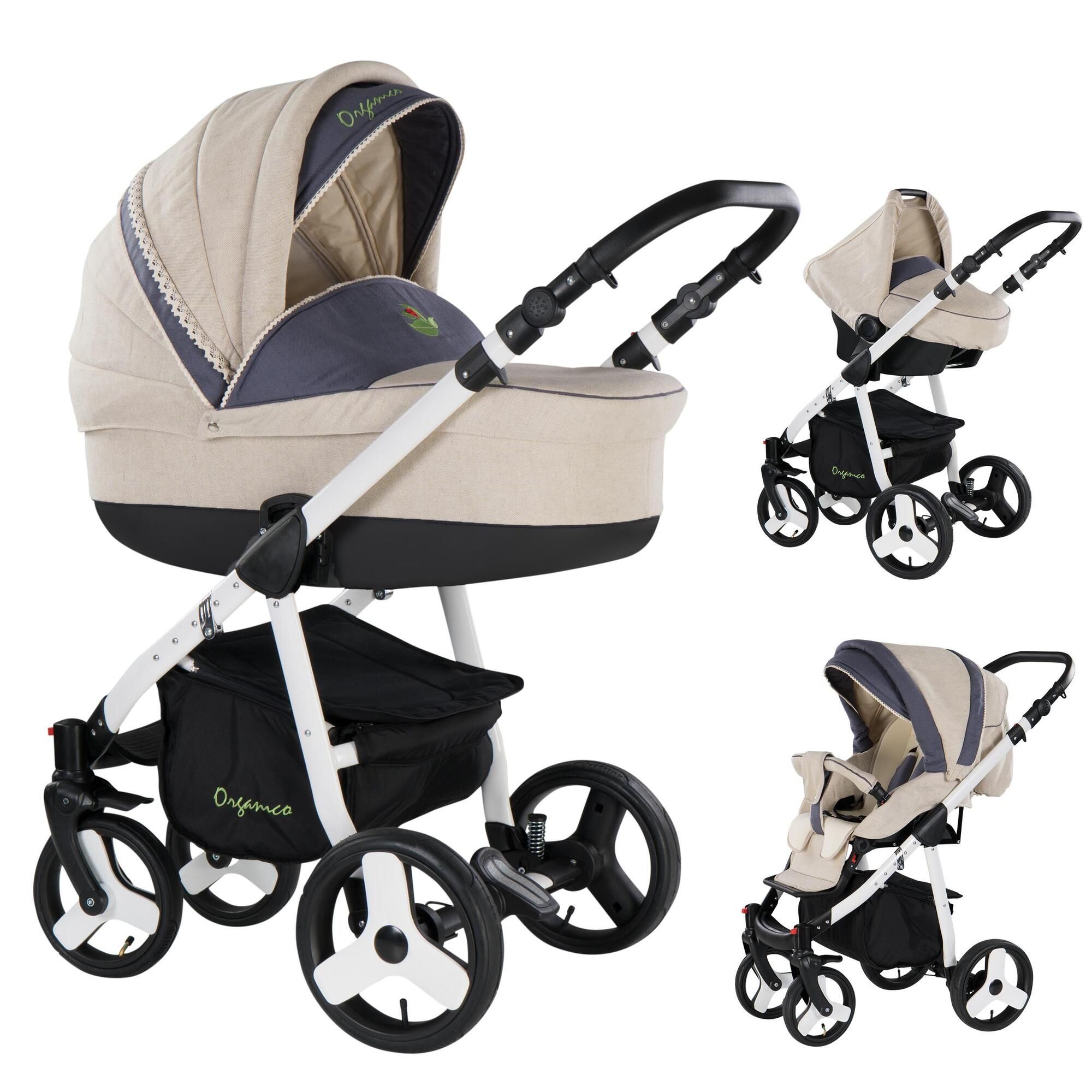 Friedrich Hugo Organico 3 in 1 Kinderwagen Komplettset, Nature Mix Beige - Gestell Weiß