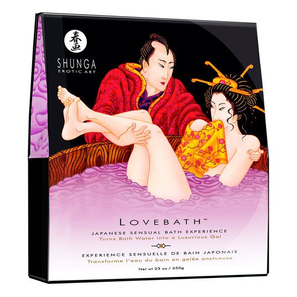 Verpackung Lovebath mit Illustration eines Paares in Badewanne. Text: Japanisches Badeerlebnis. Marke: Shunga.