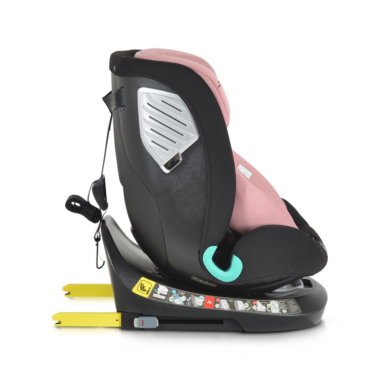 Kindersitz in Rosa, Seitenansicht mit drehbarer Basis und gelben ISOFIX-Haken.